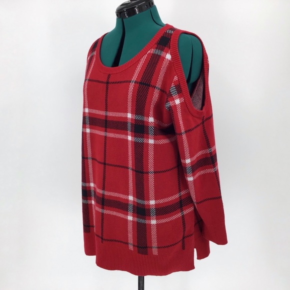 Love & Legend Red Tartan Cold Shoulder Sweater, 0X - Picture 2 of 16